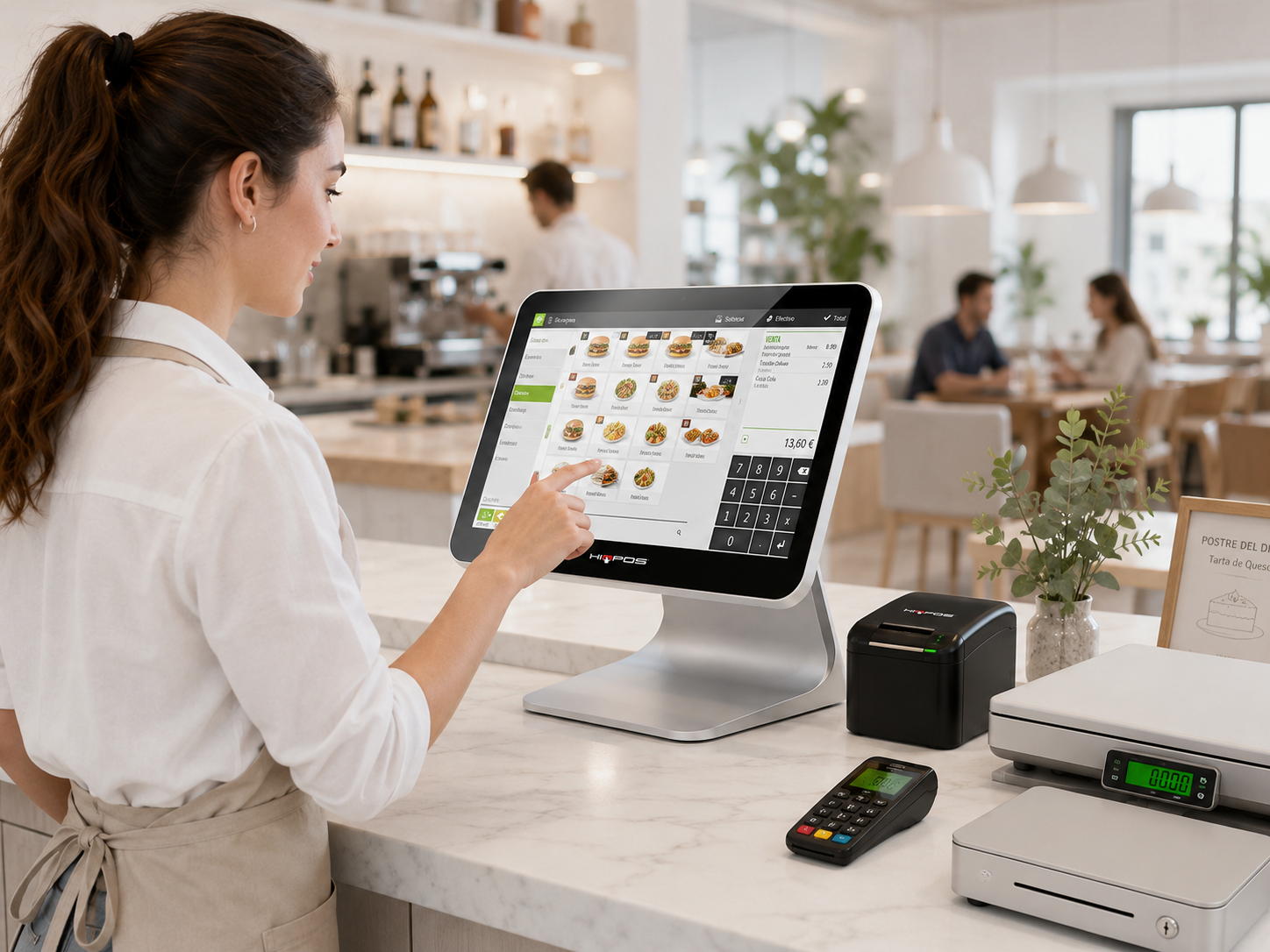 Camarera utilizando un TPV HIOPOS 156 en una cafetería moderna