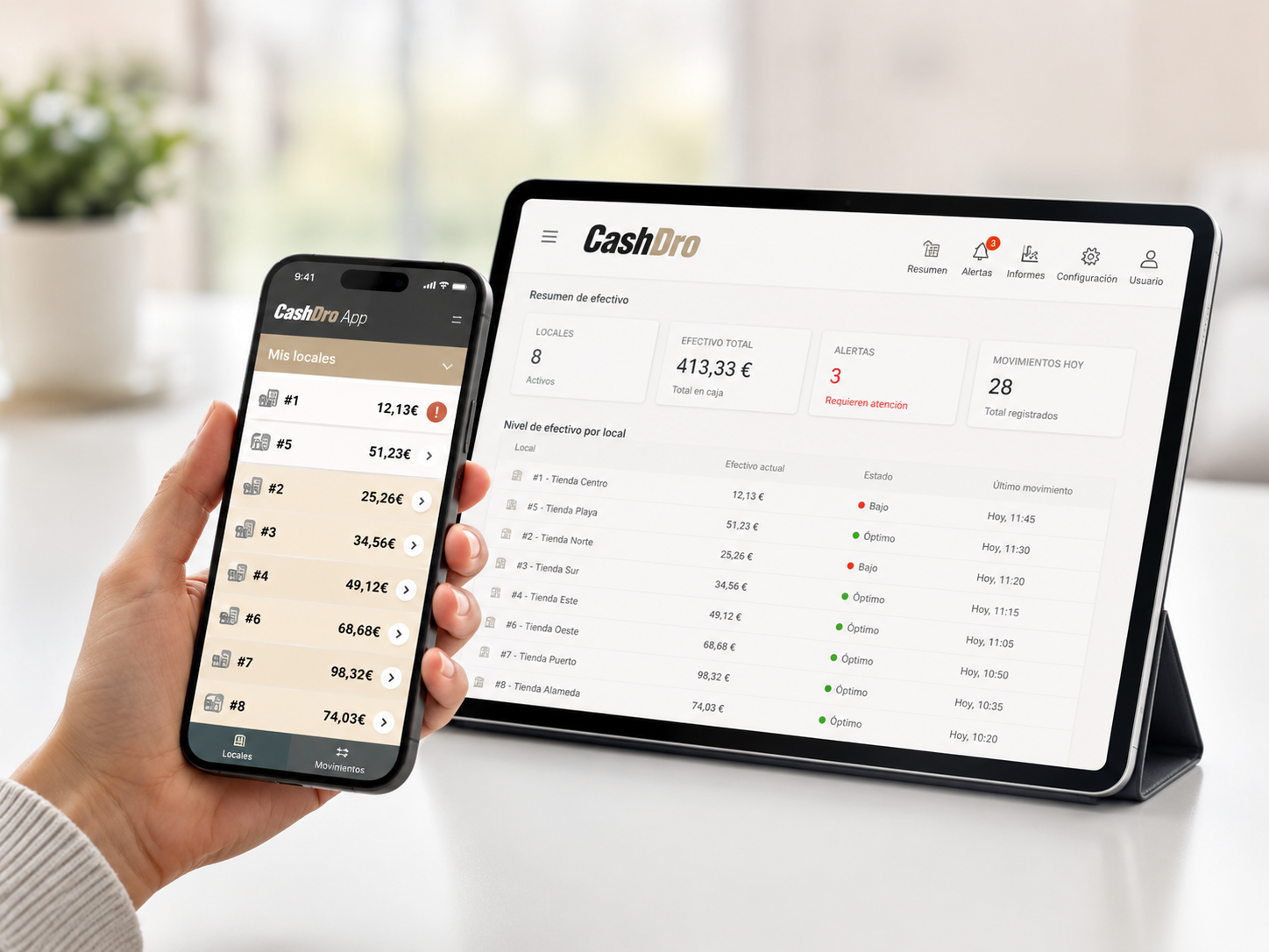 Tablet y teléfono móvil mostrando CashDro Controller y CashDro App para supervisar el efectivo