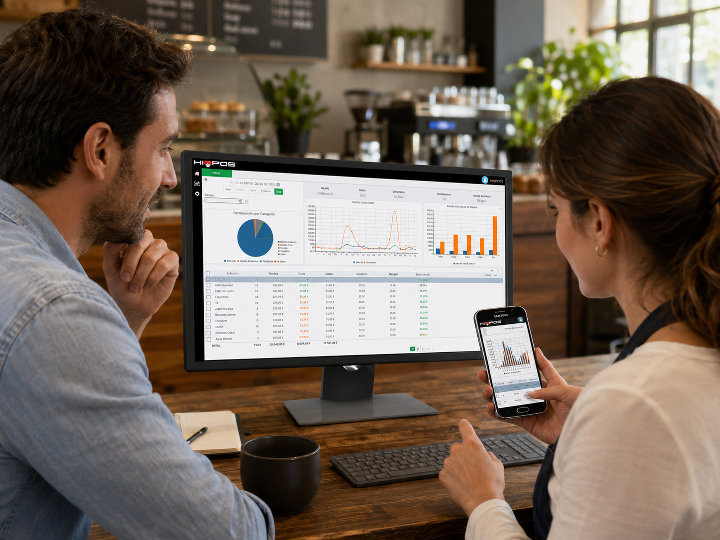 Propietarios de cafetería analizando ventas con HIOFFICE en ordenador y móvil