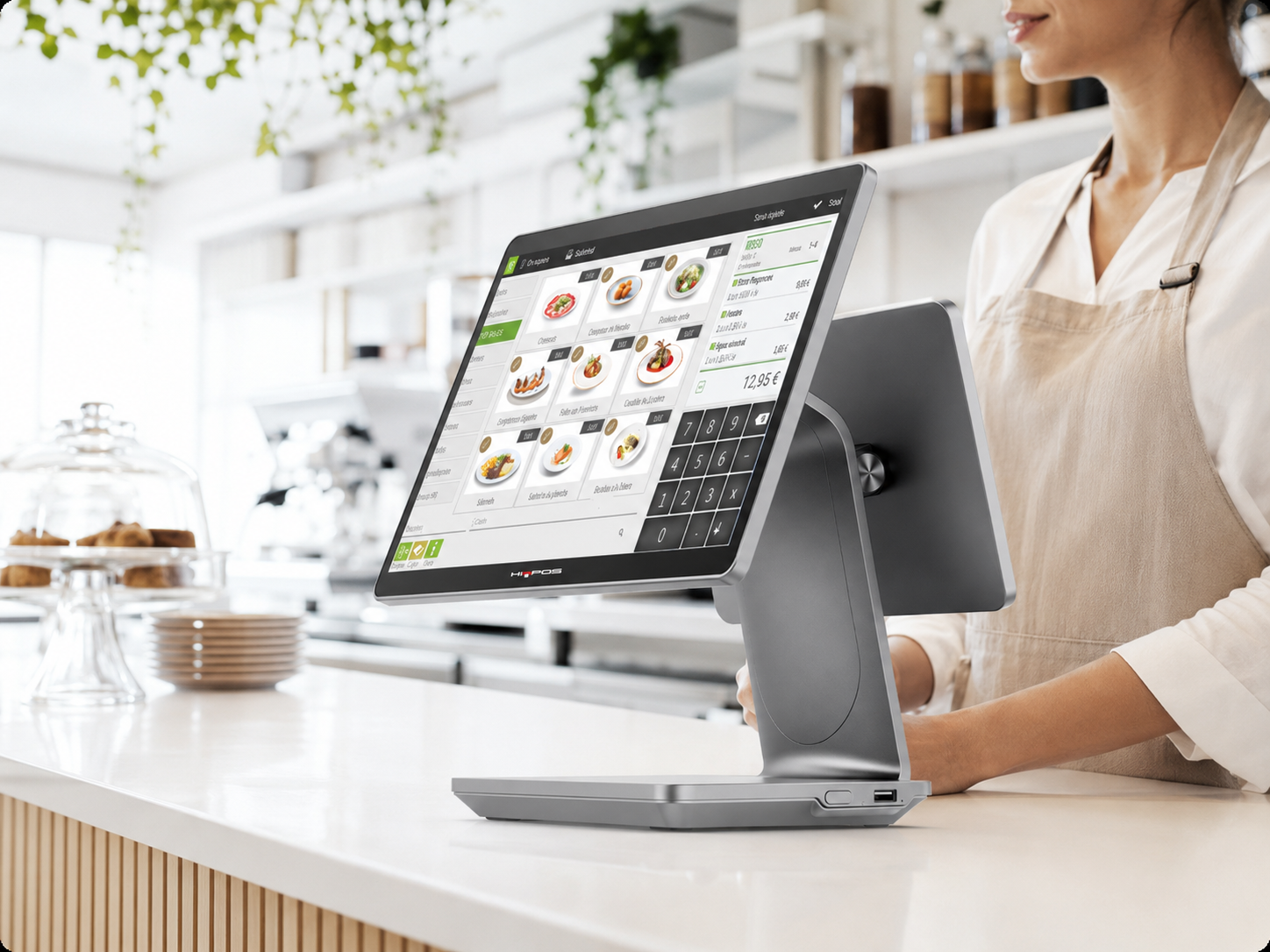 Empleada utilizando un TPV HIOPOS SUN 9 en una cafetería moderna