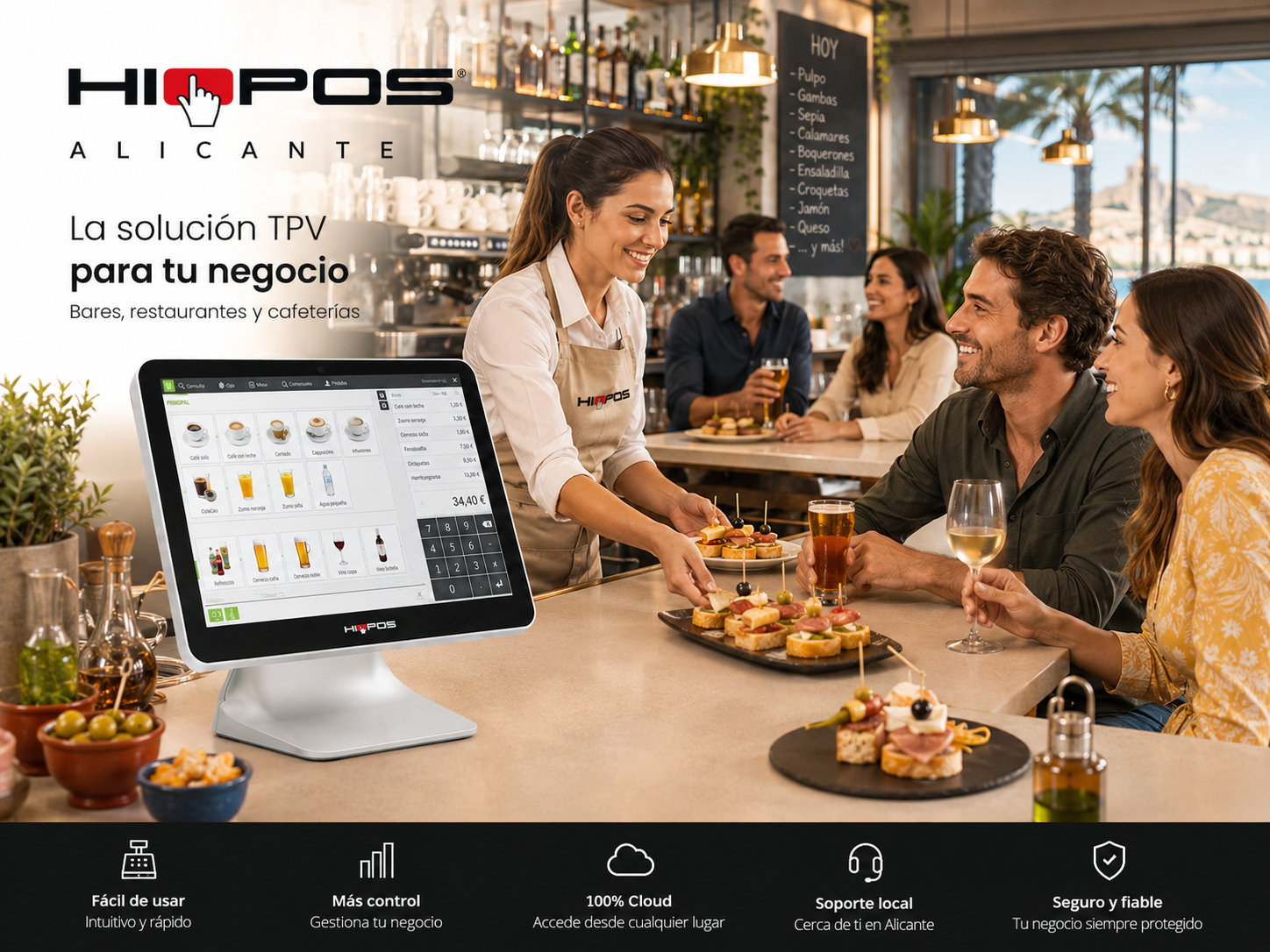 TPV HIOPOS en bar restaurante de Alicante con camarera y comensales sonriendo