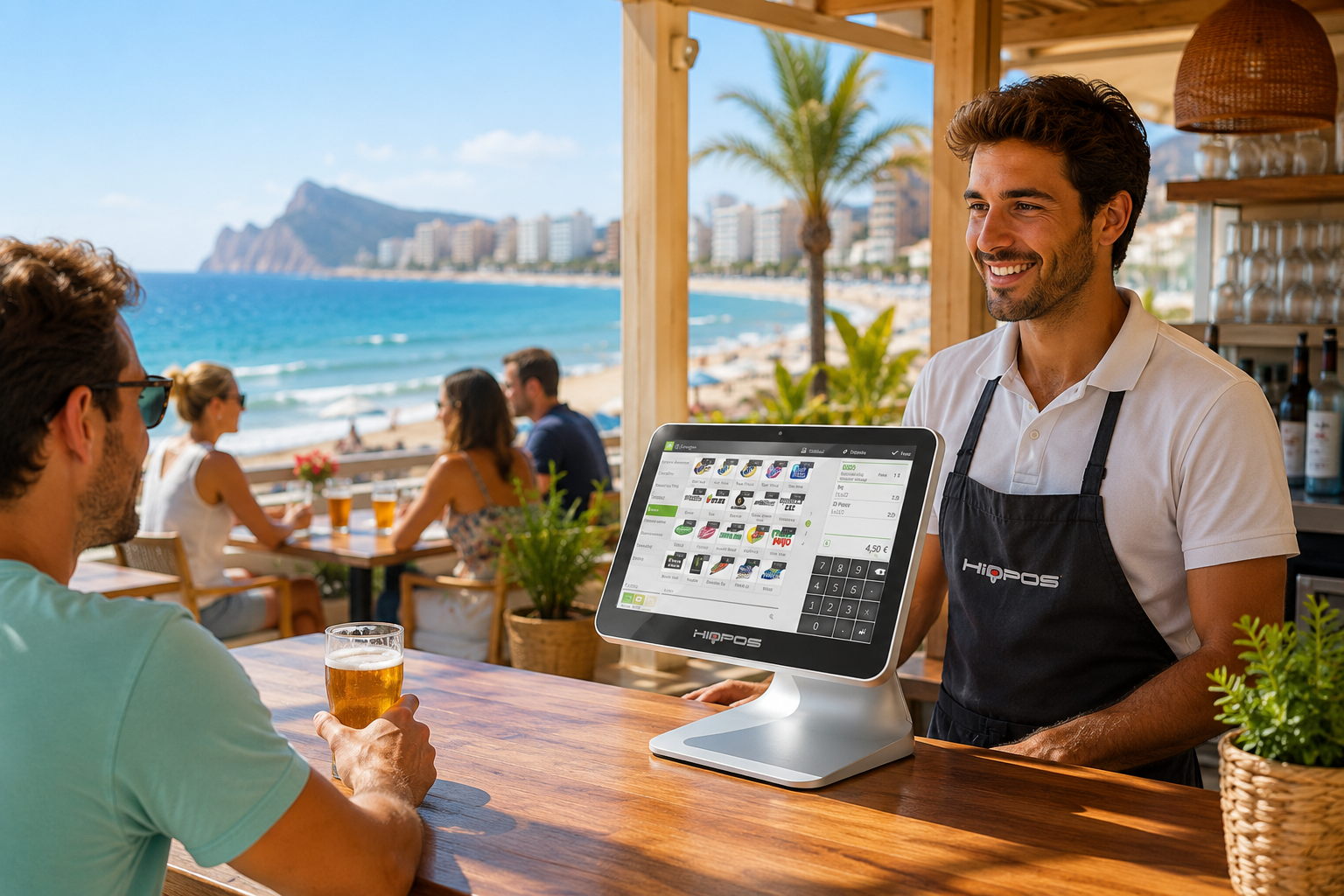 TPV HIOPOS en chiringuito de playa de Alicante con camarero sonriente